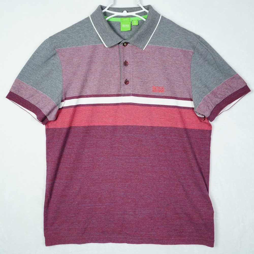 Hugo Boss Mens Slim Fit Striped Polo Shirt Grey Burgundy Cotton Size XL